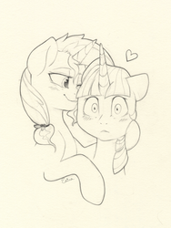 Size: 3617x4809 | Tagged: safe, artist:yellowrobin, sunset shimmer, twilight sparkle, pony, g4, blushing, cheek kiss, female, heart, kissing, lesbian, monochrome, pencil drawing, ship:sunsetsparkle, shipping, simple background, traditional art