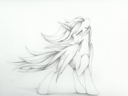Size: 1600x1203 | Tagged: safe, artist:yellowrobin, princess celestia, g4, alternate hairstyle, bedroom eyes, female, grayscale, looking at you, monochrome, pencil drawing, raised hoof, simple background, solo, traditional art, white background