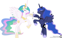 Size: 10820x6620 | Tagged: safe, artist:90sigma, princess celestia, princess luna, alicorn, pony, g4, absurd resolution, duo, duo female, eyes closed, female, happy, hoofbump, mare, open mouth, rearing, royal sisters, siblings, simple background, sisters, transparent background, vector