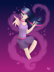 Size: 1374x1828 | Tagged: safe, artist:spirit-dude, twilight sparkle, human, g4, clothes, female, humanized, looking at you, pleated skirt, reaching, skirt, solo, stylus, tank top