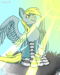 Size: 800x1000 | Tagged: safe, artist:ficloversmiles, derpy hooves, pegasus, pony, g4, clothes, crepuscular rays, female, mare, sitting, socks, solo, spread wings, striped socks, tongue out