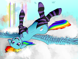 Size: 1200x900 | Tagged: safe, artist:ficloversmiles, rainbow dash, pony, g4, clothes, cloud, female, floppy ears, on back, silly, silly pony, socks, solo, spread wings, striped socks, tongue out