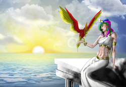 Size: 2886x2000 | Tagged: safe, artist:discordwizard, philomena, princess celestia, human, phoenix, g4, abs, clothes, high res, humanized, midriff, ocean, sunset