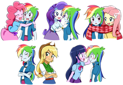 Size: 1927x1335 | Tagged: safe, artist:ryuu, applejack, fluttershy, pinkie pie, rainbow dash, rarity, twilight sparkle, alicorn, human, equestria girls, g4, blushing, bowtie, clothes, crossed arms, eyes closed, female, head pat, lesbian, mane six, open mouth, open smile, pat, rainbow dash gets all the mares, scarf, shared clothing, shared scarf, ship:appledash, ship:flutterdash, ship:pinkiedash, ship:raridash, ship:twidash, shipping, simple background, skirt, smiling, twilight sparkle (alicorn), white background
