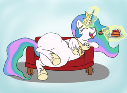 Size: 3072x2253 | Tagged: safe, artist:superninja, princess celestia, alicorn, pony, g4, belly, cake, cakelestia, chubbylestia, couch, eating, eyes closed, fat, female, food, high res, magic, mare, on side, simple background, solo, telekinesis