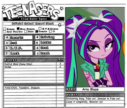 Size: 1043x883 | Tagged: safe, aria blaze, equestria girls, g4, misspelling, reference sheet, rpg, teenagers from outer space