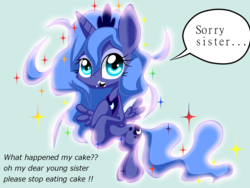 Size: 1600x1200 | Tagged: safe, artist:lovehtf421, princess celestia, princess luna, g4, engrish, female, filly, flying, food, frosting, offscreen character, solo, woona