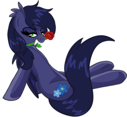 Size: 535x493 | Tagged: safe, artist:daringashia, oc, oc only, oc:halfmoon, bat pony, pony, fangs, flower, rose, solo