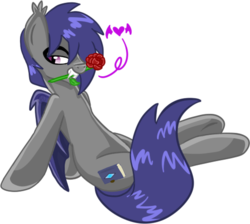 Size: 524x470 | Tagged: safe, artist:daringashia, oc, oc only, oc:dusk rhine, bat pony, pony, fangs, flower, hair over one eye, heart, male, rose, sexy, solo, stallion, sultry pose