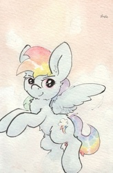 Size: 680x1037 | Tagged: safe, artist:slightlyshade, rainbow dash, g4, female, looking at you, simple background, solo, traditional art