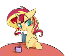 Size: 600x450 | Tagged: dead source, safe, artist:phyllismi, sunset shimmer, pony, unicorn, g4, blush sticker, blushing, chair, colored pupils, crossed hooves, female, floppy ears, mare, mug, simple background, solo, table, white background
