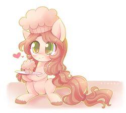 Size: 1000x900 | Tagged: safe, artist:riouku, oc, oc only, oc:cookie cream, earth pony, pony, g4, blushing, cute, female, food, hat, heart, looking at you, mare, muffin, plate, smiling, solo