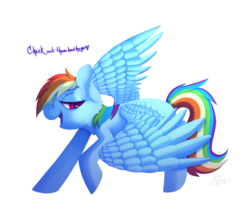 Size: 1865x1649 | Tagged: safe, artist:miss-cats, rainbow dash, pegasus, pony, g4, bedroom eyes, female, heart, heart eyes, mare, raised hoof, simple background, smiling, smug, solo, speech, spread wings, white background, wingding eyes, wings