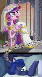Size: 2000x3631 | Tagged: safe, artist:awalex, princess luna, queen chrysalis, alicorn, changeling, pony, g4, annoyed, bed, disguise, disguised changeling, duo, fake cadance, female, high res, luna is friggen useless, mare, nocturnal, pillow, singing, this day aria