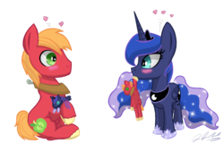 Size: 1203x768 | Tagged: dead source, safe, artist:tsand106, big macintosh, princess luna, earth pony, pony, g4, blushing, doll, male, ship:lunamac, shipping, simple background, stallion, straight, toy, transparent background