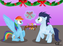 Size: 2200x1600 | Tagged: safe, artist:northlights8, fleetfoot, pinkie pie, rainbow dash, rarity, soarin', spitfire, pony, g4, female, holly, male, mistletoe, ship:soarindash, shipping, straight