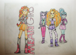 Size: 1321x952 | Tagged: safe, artist:blazingdazzlingdusk, artist:ed-skar, adagio dazzle, aria blaze, sonata dusk, sunset shimmer, equestria girls, g4, my little pony equestria girls: rainbow rocks, crossover, drawing, mean girls, parody, pose, the dazzlings, traditional art