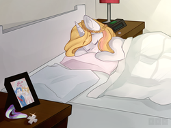 Size: 1024x768 | Tagged: safe, artist:goshhhh, oc, oc only, oc:crystal wishes, oc:silent knight, alarm clock, bed, blanket, braid, end table, eyebrows, eyes closed, female, horn, horn ring, lamp, male, medal, oc x oc, offspring, offspring shipping, parent:jet set, parent:upper crust, parents:upperset, photo, pillow, ring, shipping, silentwishes, sleeping, smiling, snooze, solo, straight, wedding photo