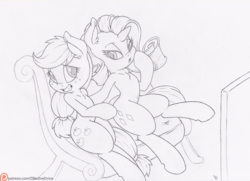 Size: 1000x725 | Tagged: safe, artist:dfectivedvice, applejack, rarity, g4, grayscale, monochrome, movie night, patreon, patreon logo, ship:rarijack, shipping, sketch