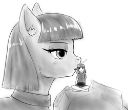 Size: 1015x872 | Tagged: safe, artist:alloyrabbit, maud pie, human, pony, anthro, g4, anthro with ponies, giant pony, human ponidox, humanized, licking, macro, monochrome, size difference, tongue out