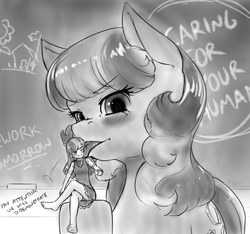 Size: 1052x986 | Tagged: safe, artist:alloyrabbit, cheerilee, earth pony, human, pony, g4, blushing, chalkboard, dialogue, female, human ponidox, humanized, licking, macro, mare, monochrome, size difference, tongue out