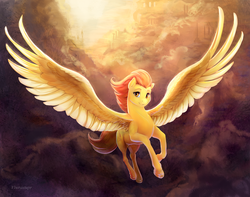 Size: 2000x1572 | Tagged: safe, artist:viwrastupr, spitfire, pegasus, pony, g4, cloud, cloudsdale, female, flying, large wings, looking at you, solo, spread wings, unshorn fetlocks