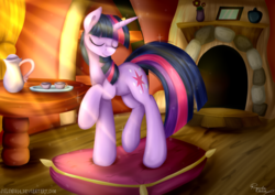 Size: 1024x724 | Tagged: safe, artist:julunis14, twilight sparkle, pony, unicorn, g4, spike at your service, crepuscular rays, cup, eyes closed, female, mare, pillow, scene interpretation, solo, teacup, unicorn twilight