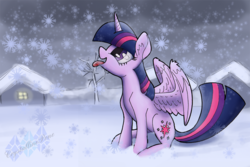 Size: 960x640 | Tagged: safe, artist:crystallinepone, twilight sparkle, alicorn, pony, g4, female, mare, sitting, snow, snowfall, solo, spread wings, tongue out, twilight sparkle (alicorn), winter