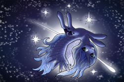 Size: 960x640 | Tagged: safe, artist:crystallinepone, princess luna, g4, female, grin, moon, on back, s1 luna, solo, tangible heavenly object