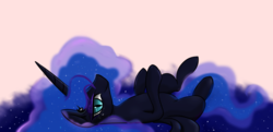 Size: 1653x802 | Tagged: safe, artist:vincentjiang0v0, nightmare moon, g4, female, on back, solo