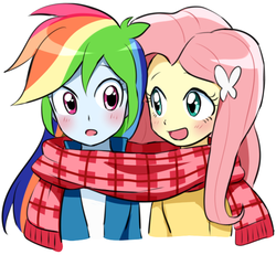 Size: 622x574 | Tagged: safe, artist:ryuu, fluttershy, rainbow dash, equestria girls, g4, blushing, clothes, female, lesbian, scarf, shared clothing, shared scarf, ship:flutterdash, shipping, simple background, white background