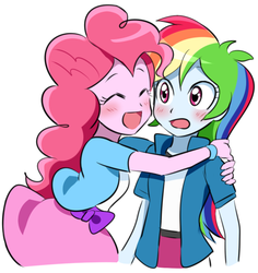 Size: 608x645 | Tagged: safe, artist:ryuu, pinkie pie, rainbow dash, equestria girls, g4, blushing, clothes, cute, eyes closed, hug, simple background, skirt, white background