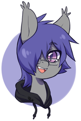 Size: 709x1064 | Tagged: safe, artist:paichitaron, oc, oc only, oc:dusk rhine, bat pony, pony, bust, clothes, colored pupils, cute, fangs, glasses, hair over one eye, happy, hoodie, male, portrait, solo, stallion