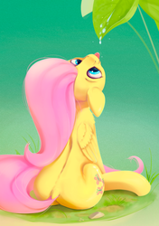 Size: 800x1134 | Tagged: safe, artist:rodrigues404, fluttershy, pegasus, pony, g4, back, butt, cute, dew, dock, drinking, female, flutterbutt, leaf, looking up, mare, outdoors, plot, shyabetes, sitting, solo, tongue out, water droplet