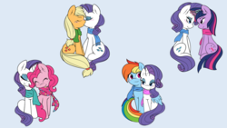 Size: 1920x1080 | Tagged: safe, artist:ambris, applejack, pinkie pie, rainbow dash, rarity, twilight sparkle, earth pony, pegasus, pony, unicorn, g4, bedroom eyes, blushing, clothes, commission, cuddling, cute, dashabetes, diapinkes, eyes closed, female, freckles, jackabetes, kissing, lesbian, looking at each other, mare, raribetes, rarity gets all the mares, scarf, ship:raridash, ship:rarijack, ship:rarilight, ship:raripie, shipping, simple background, smiling, snuggling, twiabetes