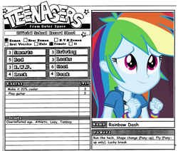Size: 1043x885 | Tagged: safe, rainbow dash, equestria girls, g4, reference sheet, rpg, teenagers from outer space