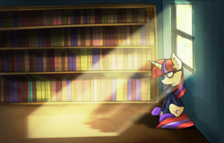 Size: 3668x2353 | Tagged: safe, artist:flamevulture17, moondancer, g4, alone, bookshelf, female, glasses, high res, sitting, solo, sunlight, window