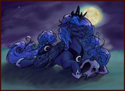 Size: 1280x930 | Tagged: safe, artist:fillyphalanx, princess luna, alicorn, pony, g4, crying, eyes closed, female, helmet, mare, moon, night, open collaboration, sad, solo
