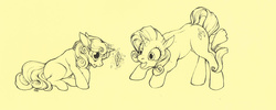 Size: 1280x510 | Tagged: safe, artist:fillyphalanx, rarity, sweetie belle, g4, crystal, duo, gem, levitation, lineart, magic, monochrome, simple background, surprised, sweetie belle's magic brings a great big smile