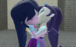 Size: 1152x720 | Tagged: safe, rarity, twilight sparkle, equestria girls, g4, 3d, 3d model, belt, clothes, cutie mark on clothes, eyes closed, female, gmod, kiss on the lips, kissing, lesbian, ship:rarilight, shipping, skirt, teenager, top