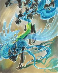 Size: 1000x1249 | Tagged: safe, artist:fleebites, queen chrysalis, changeling, changeling queen, g4, cuteling, female, holes in wings, swarm