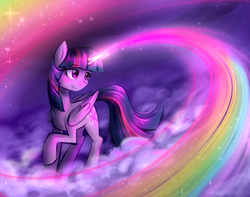 Size: 950x750 | Tagged: safe, artist:cosmalumi, twilight sparkle, alicorn, pony, g4, cloud, female, magic, mare, rainbow, smiling, solo, stars, twilight sparkle (alicorn)