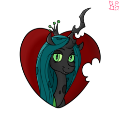 Size: 600x600 | Tagged: safe, artist:briarspark, queen chrysalis, changeling, changeling queen, g4, bite mark, female, heart, smiling, solo