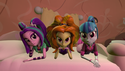 Size: 1920x1080 | Tagged: safe, artist:blumppidy, adagio dazzle, aria blaze, sonata dusk, equestria girls, g4, 3d, bed, golden oaks library, looking at you, pigtails, ponytail, prone, smiling, source filmmaker, the dazzlings