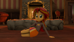 Size: 1920x1080 | Tagged: safe, artist:blumppidy, sunset shimmer, equestria girls, g4, 3d, boob window, breasts, cleavage, clothes, female, fireplace, keyhole turtleneck, open-chest sweater, sitting, smiling, solo, source filmmaker, sweater, turtleneck