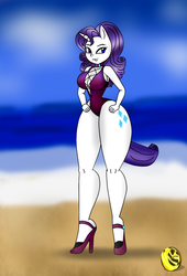 Size: 900x1320 | Tagged: safe, artist:odiz, rarity, anthro, g4, big breasts, breasts, clothes, female, long legs, rarithighs, solo, summer, swimsuit, thighs, thunder thighs