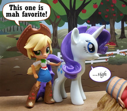 Size: 1000x877 | Tagged: safe, artist:texasuberalles, applejack, rarity, pony, unicorn, equestria girls, g4, apple, basket, butt touch, clothes, doll, equestria girls minis, eqventures of the minis, female, food, hand on butt, hand on hip, hay, irl, lesbian, looking at you, photo, photobash, pony sized pony, ship:rarijack, shipping, skirt, speech bubble, toy, tree