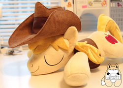Size: 1280x914 | Tagged: dead source, safe, artist:janellesplushies, braeburn, earth pony, pony, g4, clothes, eyes closed, hat, irl, male, photo, plushie, sewing machine, sleeping, solo, stallion, vest