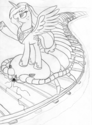 Size: 1181x1604 | Tagged: safe, artist:midwestbrony, applejack, alicorn, centipede, pony, g4, 4chan, applecorn, lightning, monochrome, princess, princessified, race swap, traditional art