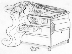 Size: 662x504 | Tagged: safe, artist:midwestbrony, princess celestia, mouse, g4, 4chan, dumpster, dumpster diver, female, monochrome, solo, traditional art
